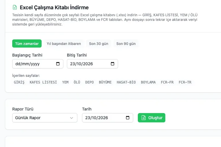 Raporlar ekranından kesit: Excel çalışma kitabı indirme, dönem seçimi ve içerilen sayfalar